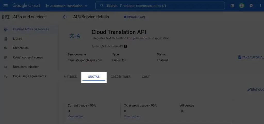 Quotas tab of the Cloud Translation API